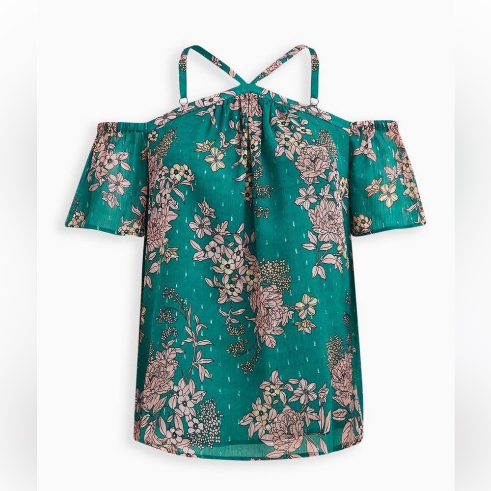 Torrid Cold shoulder Halter Top-crinkle chiffon floral green top
